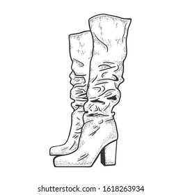 High women boots sketch engraving vector illustration. T-shirt apparel print design. Scratch board imitation. Black and white hand drawn image.