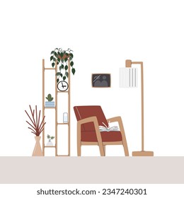 High wooden stand full of houseplants with clock. Privacy zone decorated with photo and floor lamp. Cozy armchair with open book over. Comfy living room interior hand drawn flat vector illustration