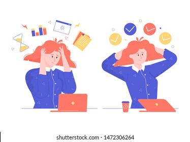 High workload, deadline office worker, conscientious worker, hard task, woman working in the office, non-compliant flat cartoon vector illustration