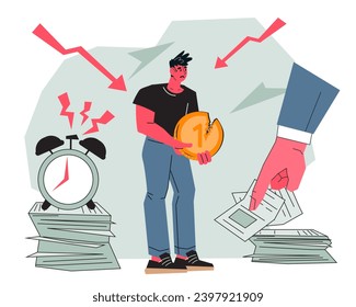 High workload, overload and low salary concept, flat vector illustration isolated. Toxic unfair work environment and low revenue. Abuse or bullying from boss, bad company culture.