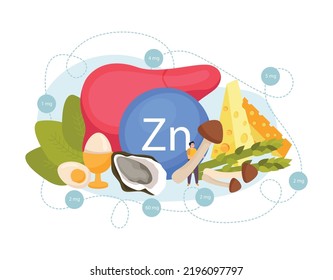 High zinc food flat composition with cheese asparagus liver eggs oyster mushrooms spinach vector illustration