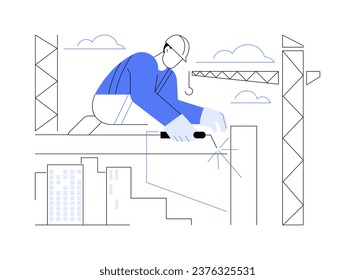 High-altitude work abstract concept vector illustration. Contractor in helmet deals with commercial construction at height, building process, high-altitude framing works abstract metaphor.