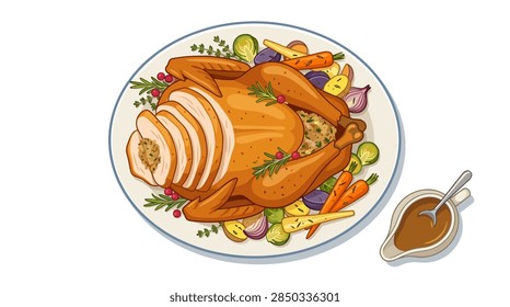 A high-angle flat vector design depicting a golden roasted turkey on a large serving platter. The turkey is partially carved to show interior stuffing and meat slices. Surrounding the bird are roasted carrots, Brussels sprouts, red onions, potatoes, and rosemary sprigs. A separate ceramic gravy boat with a spoon sits nearby on a plain white background.