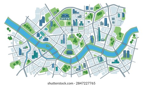 A high-angle flat vector illustration representing a metropolitan city map inspired by Seoul, South Korea. The artwork includes key geographic features such as a wide winding river with bridges, dense urban blocks with skyscrapers, traditional Korean architectural landmarks, and green public spaces. The design uses a clean color palette of blue, green, and gray, suitable for travel guides, urban planning concepts, and infographic backgrounds.