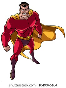 High-angle full length illustration of a powerful and determined man wearing superhero costume during courageous intervention against white background for copy space