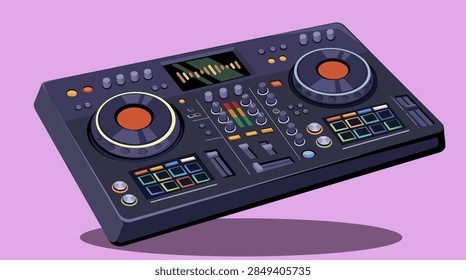 A high-angle isometric vector illustration of a modern digital DJ controller. The device features two large jog wheels, a central mixer section with faders and knobs, a digital display showing audio waveforms, and colorful light-up performance pads on both sides. The illustration uses a clean, stylized aesthetic with a dark gray hardware body against a solid light purple background, representing professional music equipment used for electronic music, live performances, and studio production.