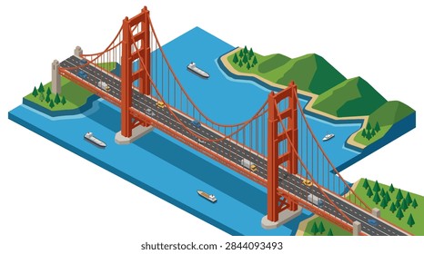 A high-angle isometric view of a classic red suspension bridge structure crossing a bay. The scene includes various generic vehicles like cars and trucks driving on the bridge deck, while large cargo ships and small boats navigate the blue water below. The surrounding landscape consists of green hills and pine trees on a clean white background, rendered in a flat design style.