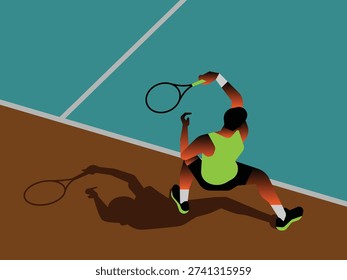High-angle vector illustration of a tennis player in a dynamic lunging pose on a stylized court, featuring bold gradients and a dramatic long shadow.