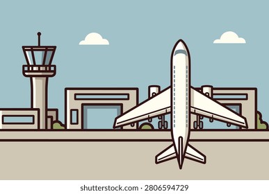 High-angle view of a large white commercial airplane sitting on the tarmac at an airport runway near a control tower and hangar buildings.