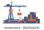 High-angle view shows an automated container crane lifting cargo from a vessel onto a large stacked inventory in a bustling shipping yard.