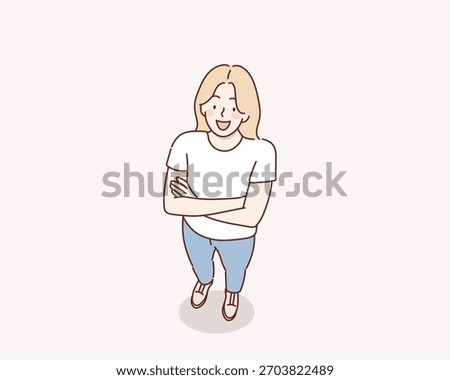 High-angle view of a woman looking up. Top-view of a confident woman smiling with his arms crossed.