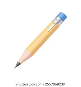  A high-angle view of a yellow pencil with a black tip. The pencil has a blue top and a silver tip. There is a white background behind the pencil.