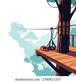 High-angle view of a zipline starting platform built around a tree, with safety gear prepared for a thrilling canopy tour.