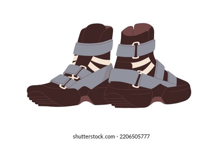 High-ankle footwear, trekking sneakers. Modern comfortable sport shoes with fasteners. Sportive footgear design. Pair of comfy hiking trainers. Flat vector illustration isolated on white background