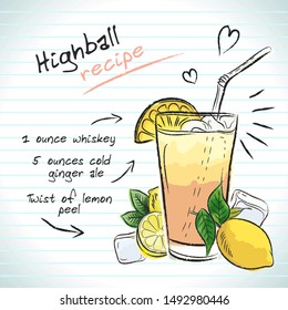 Highball cocktail, vector sketch hand drawn illustration, fresh summer alcoholic drink with recipe and fruits	
