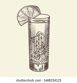 Highball glass of alcohol coctail and lime slice. Glass of lemonade and ice cubes. Engraving style. For bar menu, cards, posters, prints, packaging. Vector illustration. 