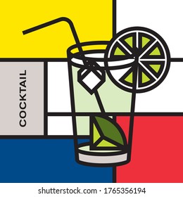 Highball glass cocktail lime. Modern style art with rectangular color blocks. Piet Mondrian style pattern.