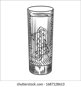 Highball glass of ice water. Glass of lemonade and ice cubes. Engraving style vector illustration. For bar menu, cards, posters, prints, packaging.