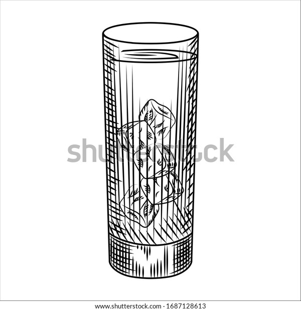 Highball glass of ice water. Glass of lemonade\
and ice cubes. Engraving style vector illustration. For bar menu,\
cards, posters, prints,\
packaging.