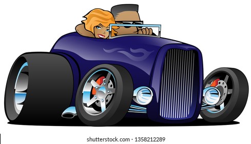 Highboy hot rod purple roadster with male driver and cute woman passenger isolated vector illustration