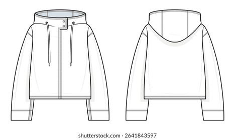 High-Collar Hoodie Technical Fashion Illustration. Cropped Hooded Jacket Vector Template. Long Sleeves with Cuffs. Front Zip Closure. Drawstring Hood. Outerwear. Front and Back View. CAD Mockup.
