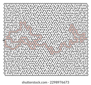 High-Complexity Monochrome Square Maze with Hexagonal Cells and Solution for Vector Stock Illustration