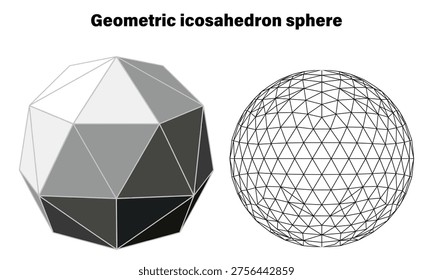 High-contrast 3D rendering showcasing a geometric icosahedron sphere in both wireframe and solid forms. Ideal for educational materials, scientific presentations, mathematical visualizations, and modern design projects.