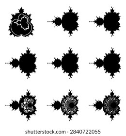 A high-contrast 3x3 grid featuring black Mandelbrot fractal silhouettes against white. These mathematical illustrations represent complex geometry and recursive patterns for scientific or digital art use.