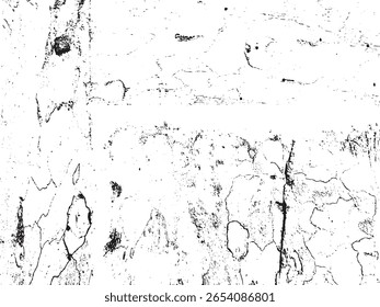 A high-contrast, abstract black and white grunge texture featuring irregular cracks, lines, and scattered speckles, presented as a silhouette on a transparent background.
