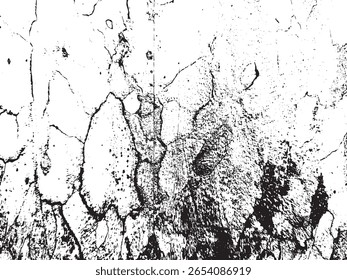 Uma textura grunge em preto e branco abstrata de alto contraste com linhas rachadas e manchas dispersas. Esta silhueta distintiva é isolada em um fundo transparente.