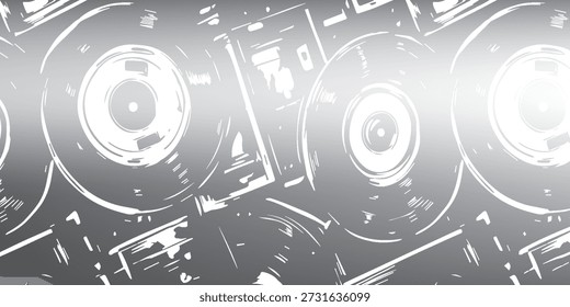 Uma imagem em tons de cinza abstratos e de alto contraste que apresenta um padrão repetido de formas circulares com realces brilhantes proeminentes, criando uma sensação de profundidade e movimento.