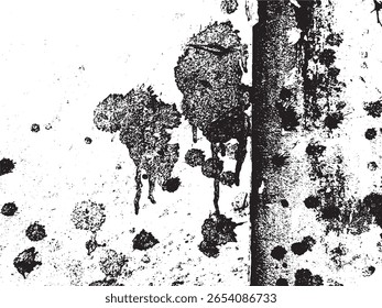 Uma textura grunge abstrata de alto contraste com manchas pretas e goteja em uma superfície branca. Essa imagem de estilo silhueta é isolada em um plano de fundo transparente.