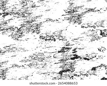 A high-contrast, abstract grunge texture featuring irregular black streaks, lines, and scattered dots on a white background. This silhouette effect is isolated on a transparent background.