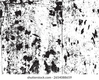 A high-contrast, abstract grunge texture featuring irregular black ink splatters and scratches against a white background. This silhouette effect is isolated on a transparent background.