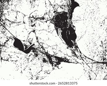 Uma imagem abstrata de alto contraste apresentando uma textura grunge angustiada com formas pretas orgânicas fluindo e pontos espalhados em um fundo branco. O estilo silhueta é uma característica distintiva.