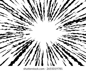 High-contrast abstract speed lines background in black and white. Inspired by manga and comic book styles, perfect for action scenes, dramatic effects, motion emphasis, and graphic design projects.