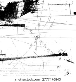 A high-contrast abstract texture featuring a distressed grunge effect with numerous fine scratches and bold, dark lines against a white background.Abstract grunge texture with scratches and distressed lines
