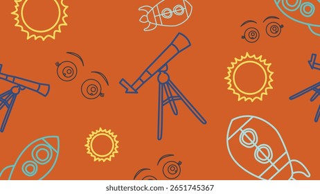Projeto astronômico de alto contraste com telescópios, foguetes e ícones orbitais em um plano de fundo laranja queimado. Ideal para ilustrações de temas científicos.