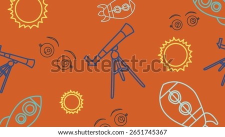 High-contrast astronomy design featuring telescopes, rockets, and orbital icons on a burnt orange background. Ideal for science-themed illustrations.