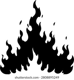 High-contrast black flame silhouettes on a white background, with curling tongues, a large central flame, and multiple smaller flames. Vector illustration
