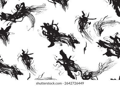 High-contrast black ink stroke pattern with chaotic brush texture on white background. Ideal for modern art, abstract designs, and creative visual content.