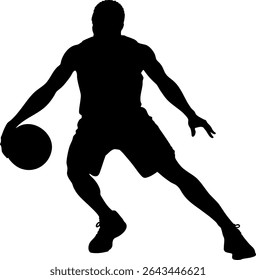 High-contrast black silhouette of a basketball player dribbling a ball. Isolated on white background, perfect for sports graphics, posters, training material, and athletic branding content.