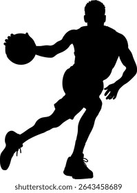 High-contrast black silhouette of a basketball player dribbling a ball. Isolated on white background, perfect for sports graphics, posters, training material, and athletic branding content.