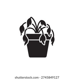 A high-contrast black silhouette of a drooping, wilted houseplant in a classic pot. This expressive botanical vector is perfect for educational content on plant care, gardening troubleshooting guides, or as a symbolic icon for neglect, thirst, or environmental stress in nature.