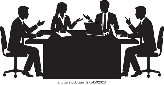 A high-contrast black silhouette image featuring four professional business people, three men and one woman, sitting around a conference table. They are engaged in an active discussion, with some gesturing while others work on laptops and take notes on paper, representing a collaborative corporate environment.