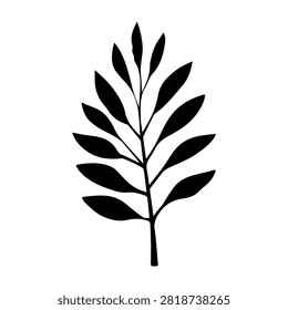A high-contrast black silhouette of a leaf with multiple elongated leaflets, suitable for nature-themed projects and botanical illustrations.