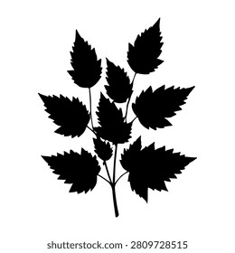 A high-contrast black silhouette of a leafy branch, ideal for nature-themed projects, botanical illustrations, or environmental artwork.