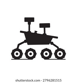A high-contrast black silhouette of a Mars rover vehicle depicted against a plain white background. The rover features six large, rugged wheels, a central body with scientific instruments, and two ext.