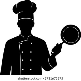 High-contrast black silhouette vector illustration of a professional chef wearing a toque and double-breasted uniform, prominently holding a cooking frying pan. Ideal graphic element for restaurant logos, culinary branding, kitchen staff representation, and food service icons. Isolated on a clean white background.