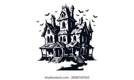 High-contrast black vector silhouette of an abandoned, decaying house. Features include a sagging roofline and weathered facade. Suitable for spooky, gothic, or horror-themed designs.